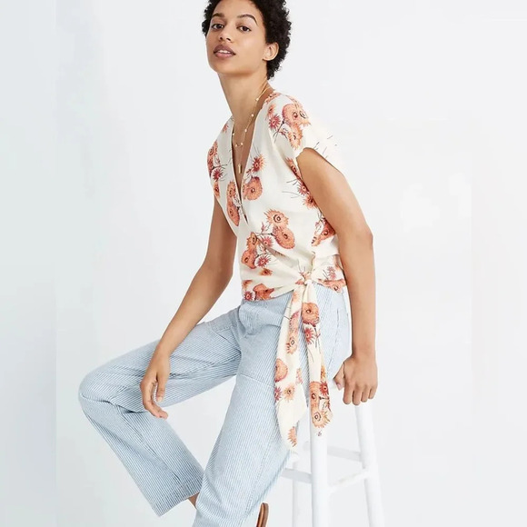 MADEWELL NWOT Dutch Dandelions Sash Tie Wrap Top in Twiggy Parchment - Picture 2 of 8